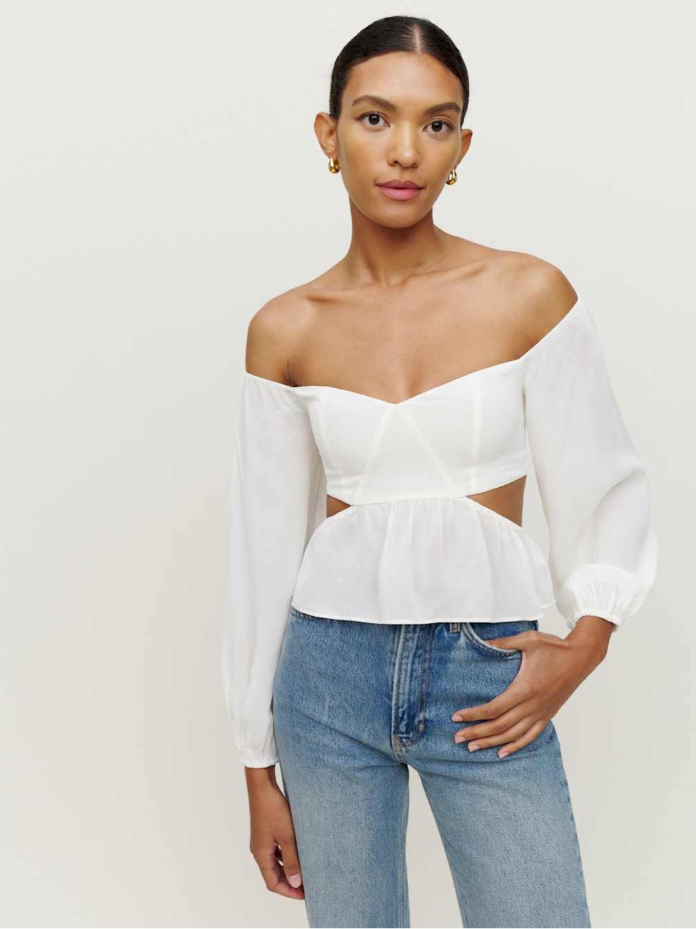 Reformation Laraine Off-Shoulder White Peplum Long-Sleeve Top